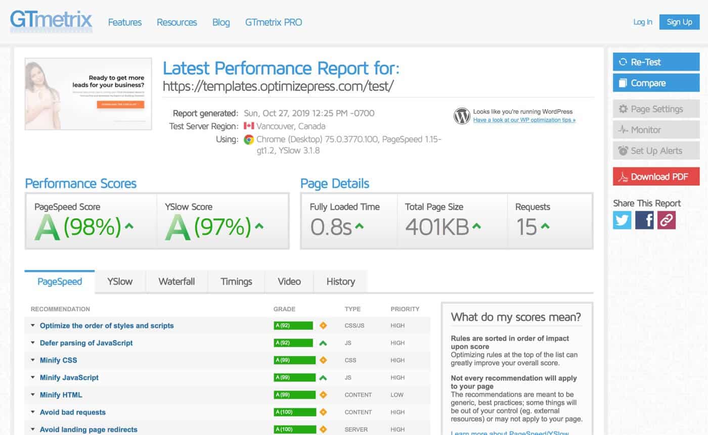 OptimizePress GTmetrix Page Speed Test Results