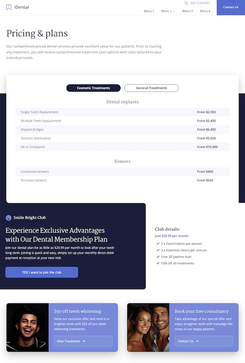 iDental Pricing Page