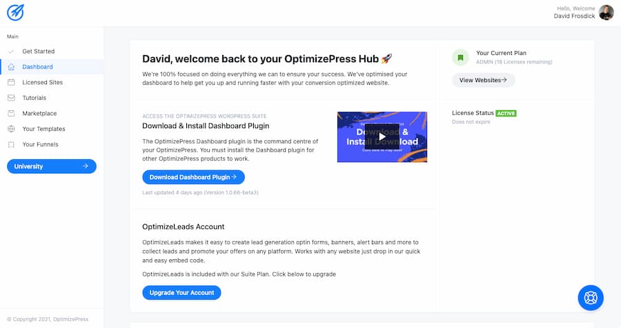 OptimizePress Hub Dashboard 2021