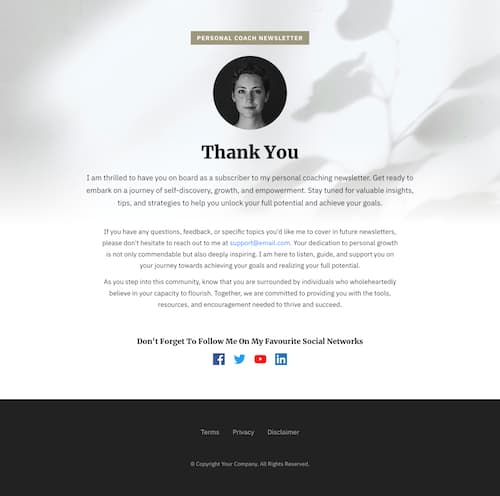 Personal Coach Newsletter Thank You Page