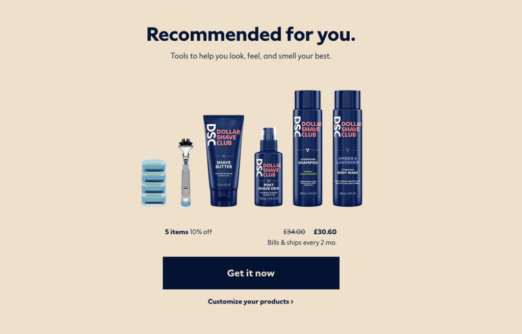 Dollar Shave Club recommendations screen