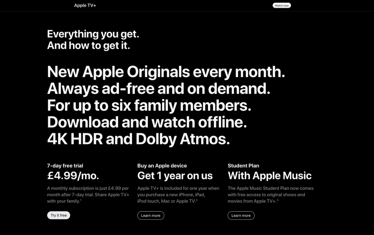 Apple TV+ premium pricing example.