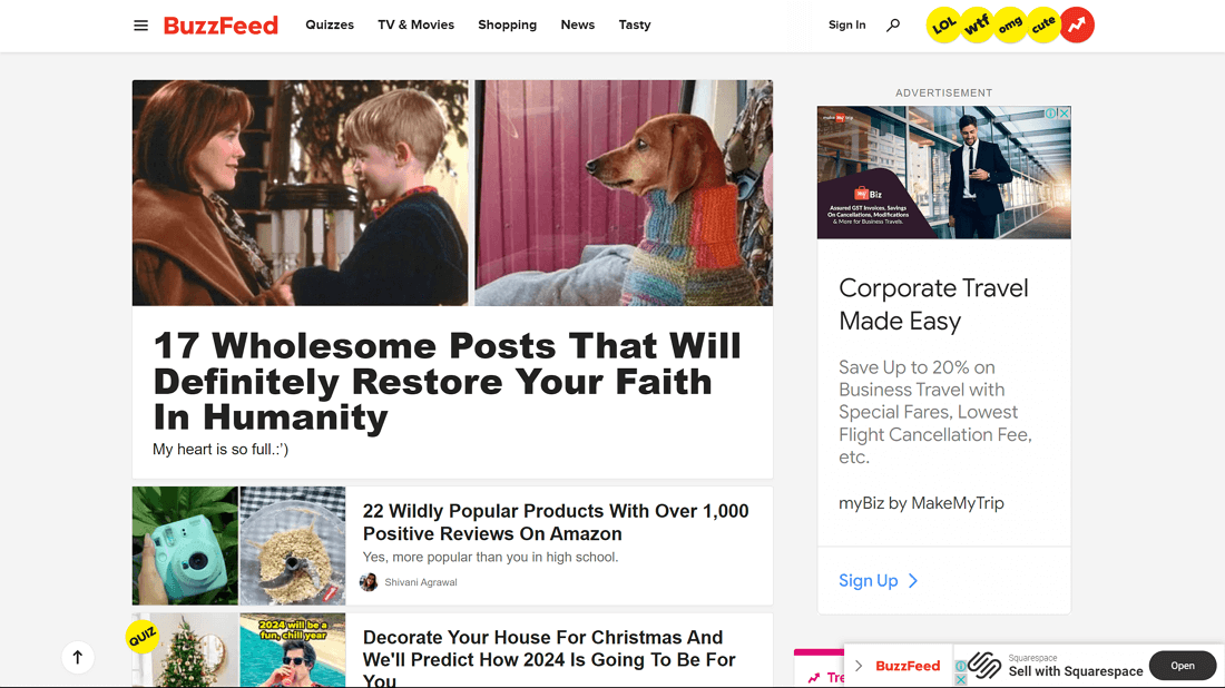 Above the fold website examples - Buzzfeed