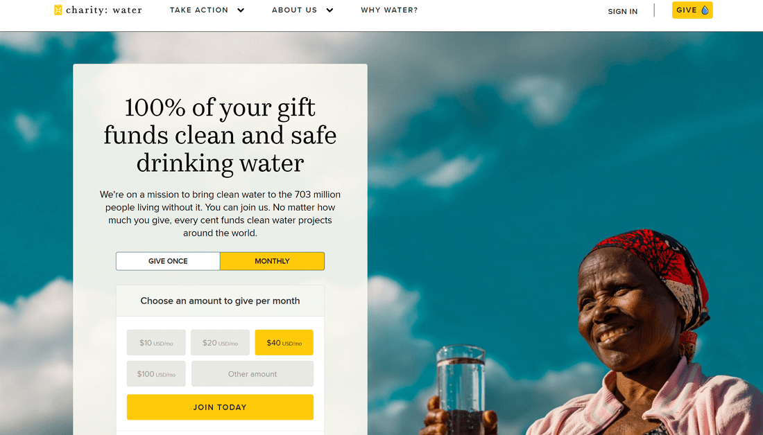 Above the fold website examples - Charity Water