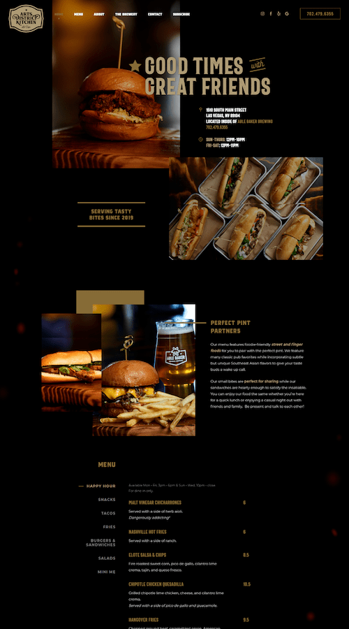 Arts District Kitchen Restaurant Landing Page