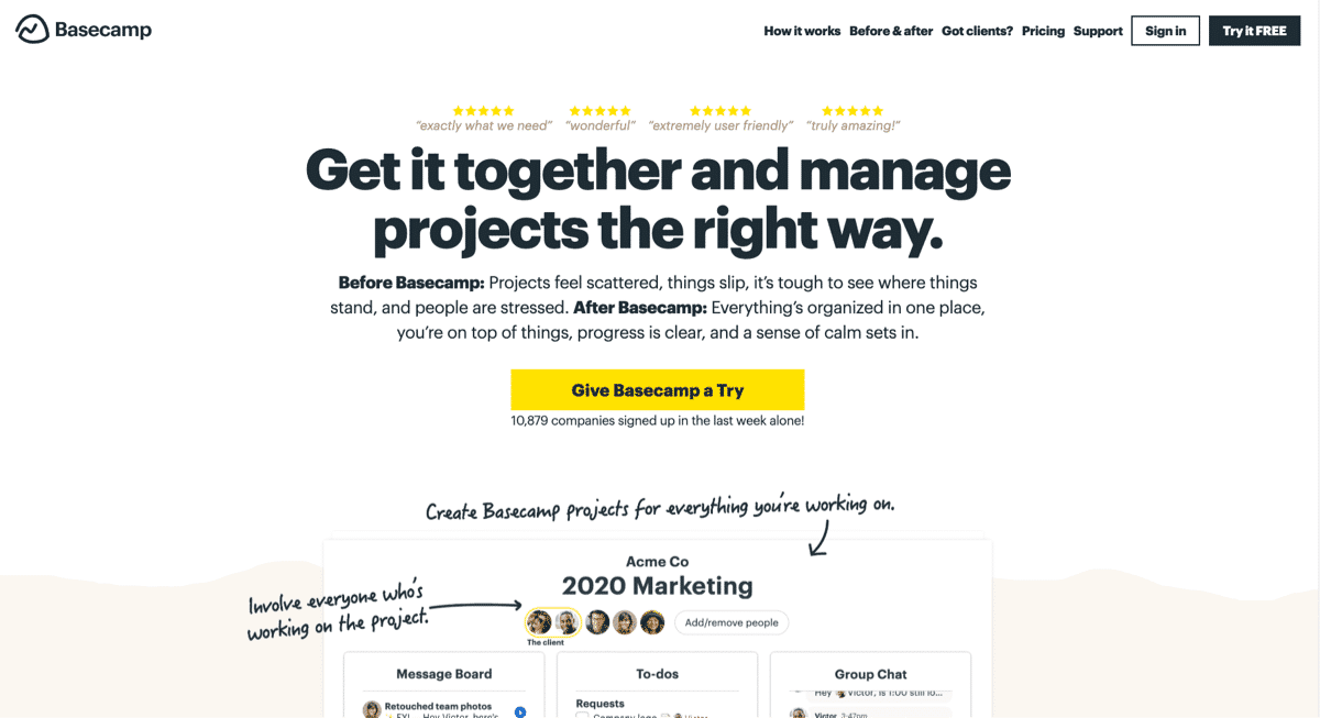 Bold oversized font example from Basecamp.