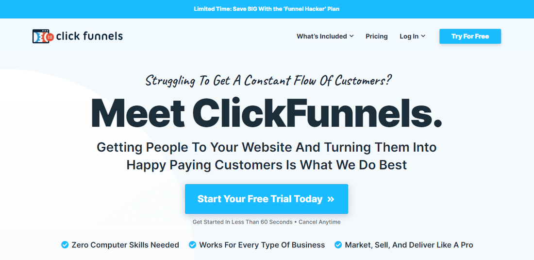 clickfunnels homepage - Go high level alternative