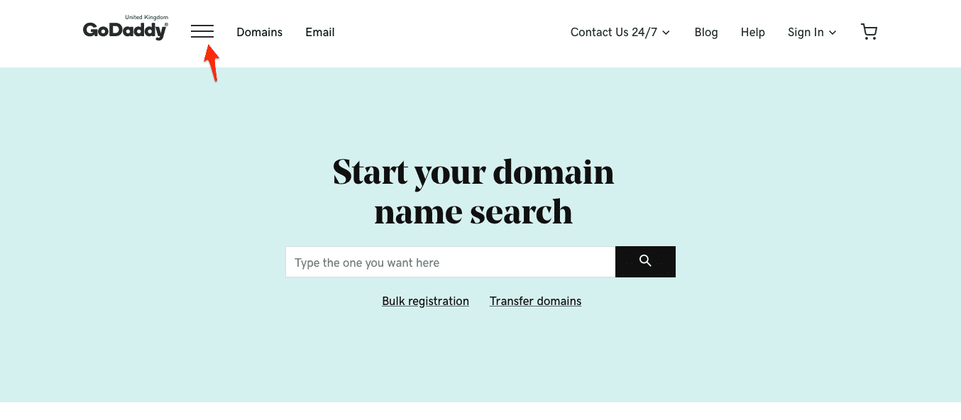 A desktop hamburger menu on the GoDaddy site.