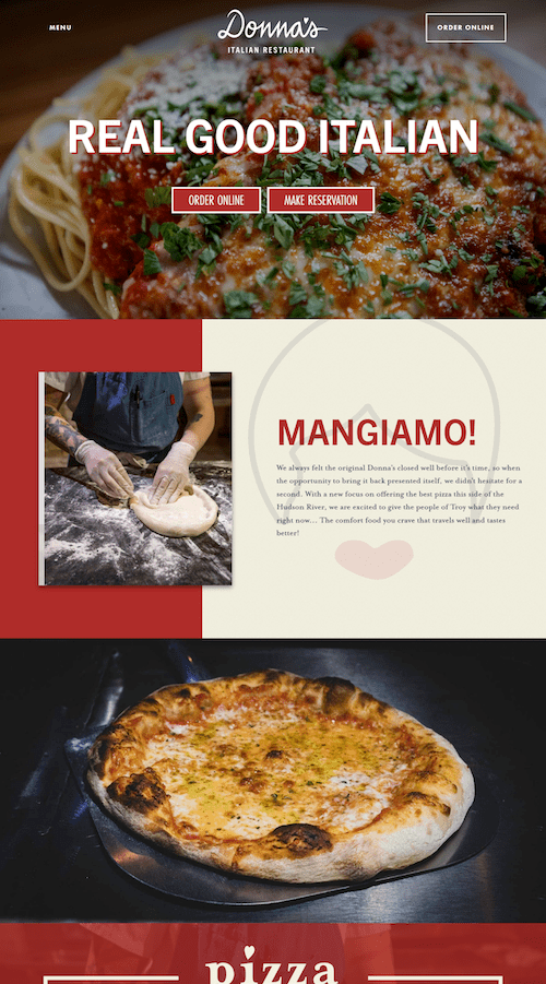 Donna's Italian Restaurant Landing Page