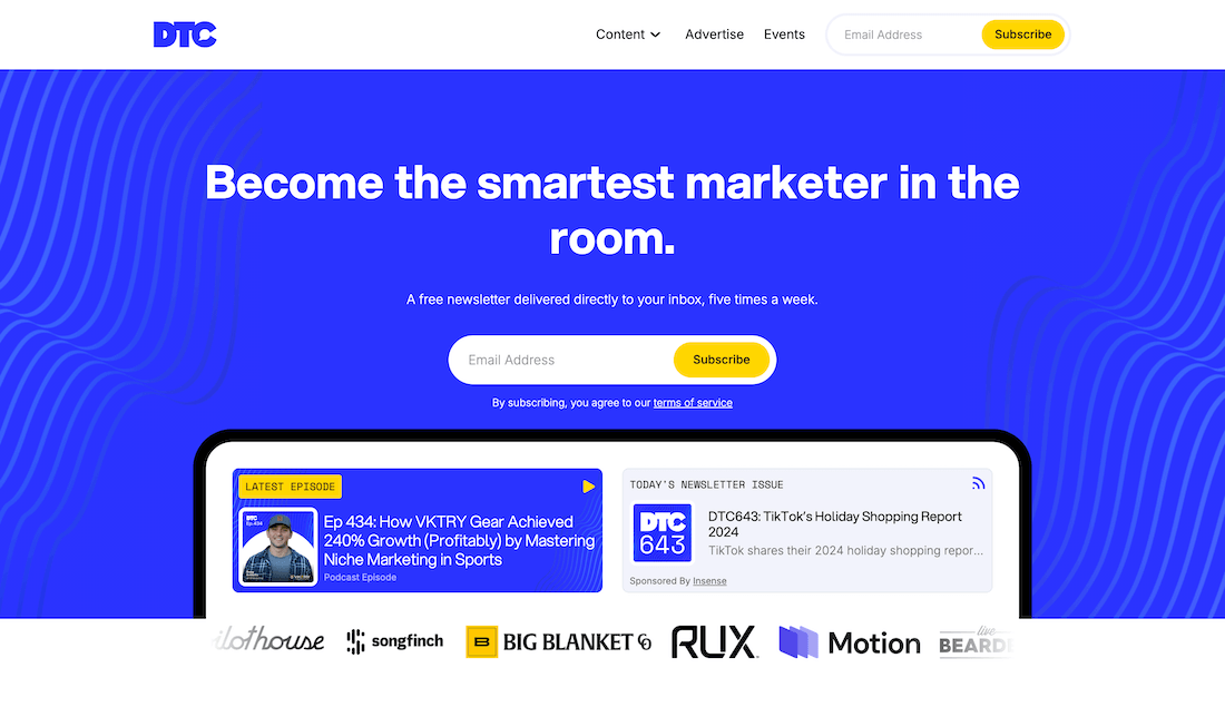 DTC - Newsletter landing page Example