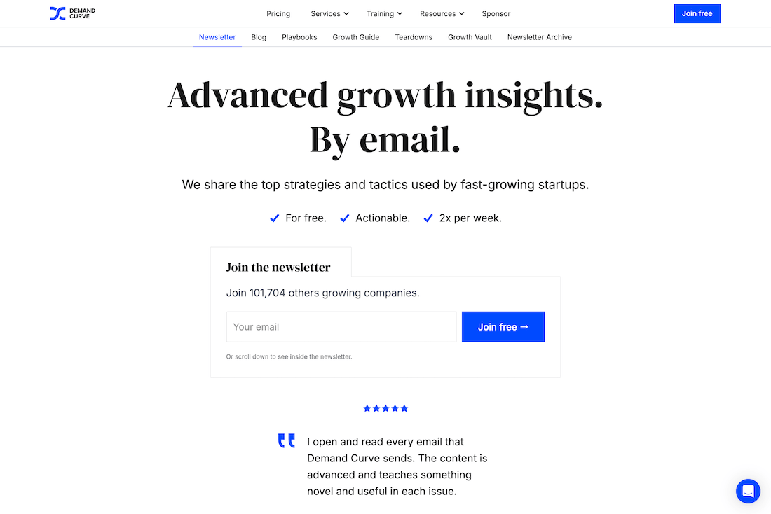 Growth Marketing Newsletter landing page example