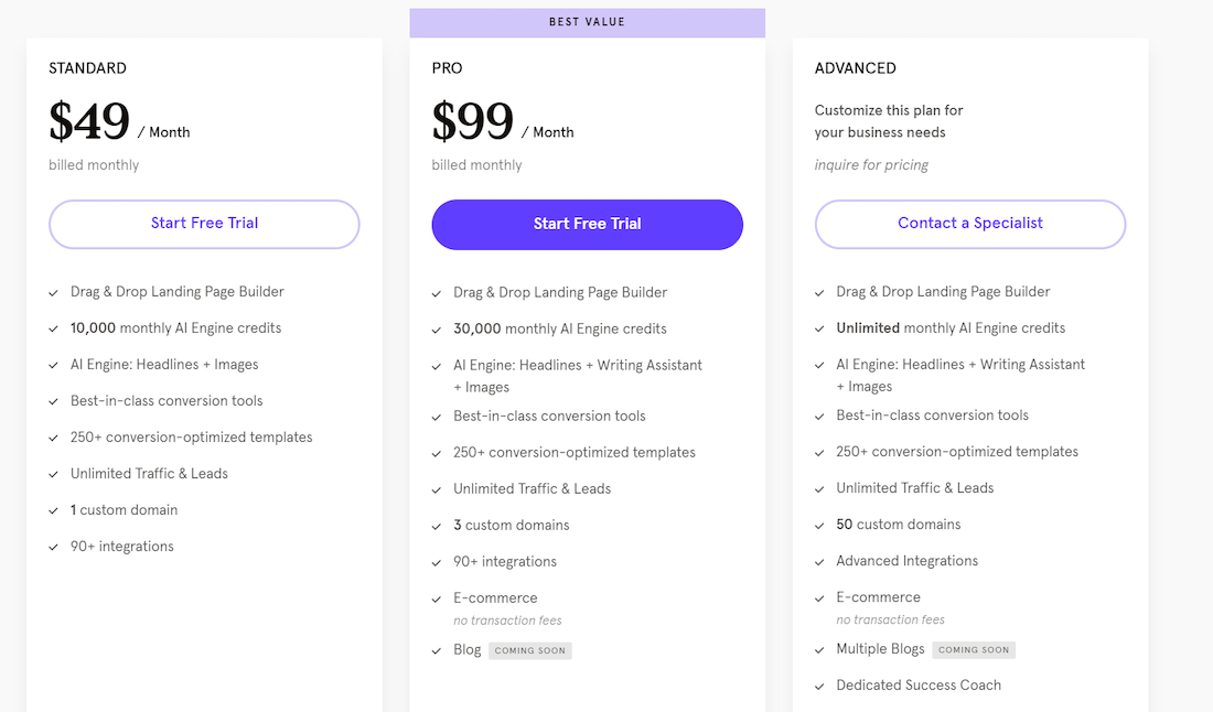 Leadpages Pricing Table - Leadpages vs ClickFunnels