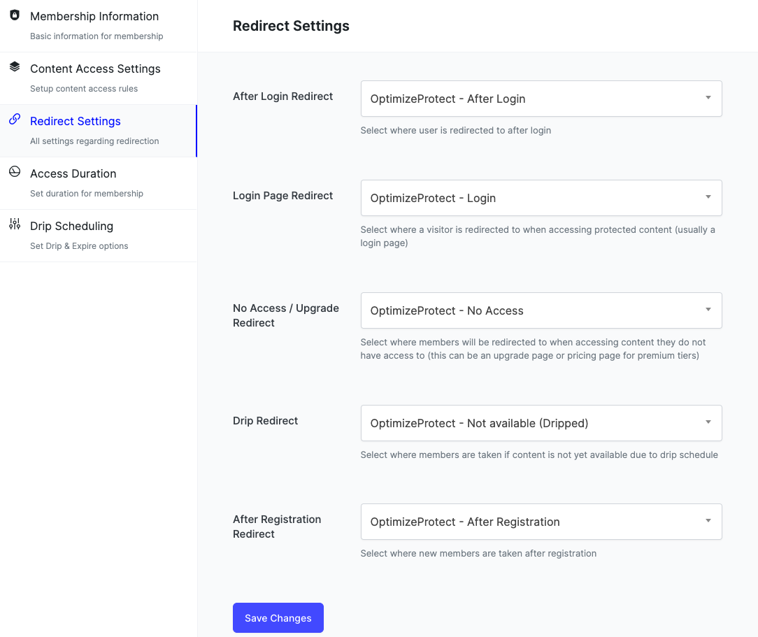 Membership redirect settings