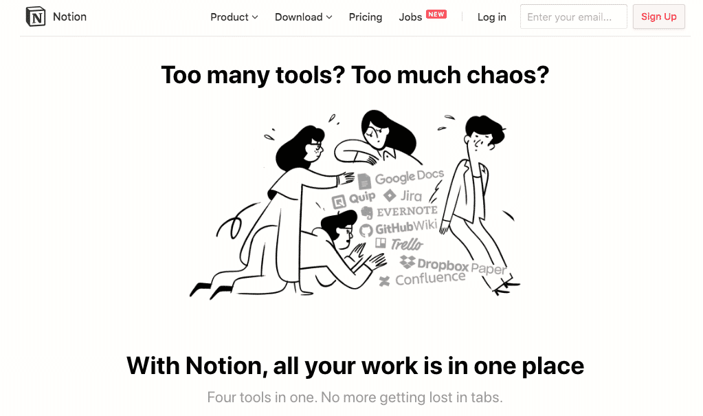 Notion uses illustration to show the overwhelm of using many tools