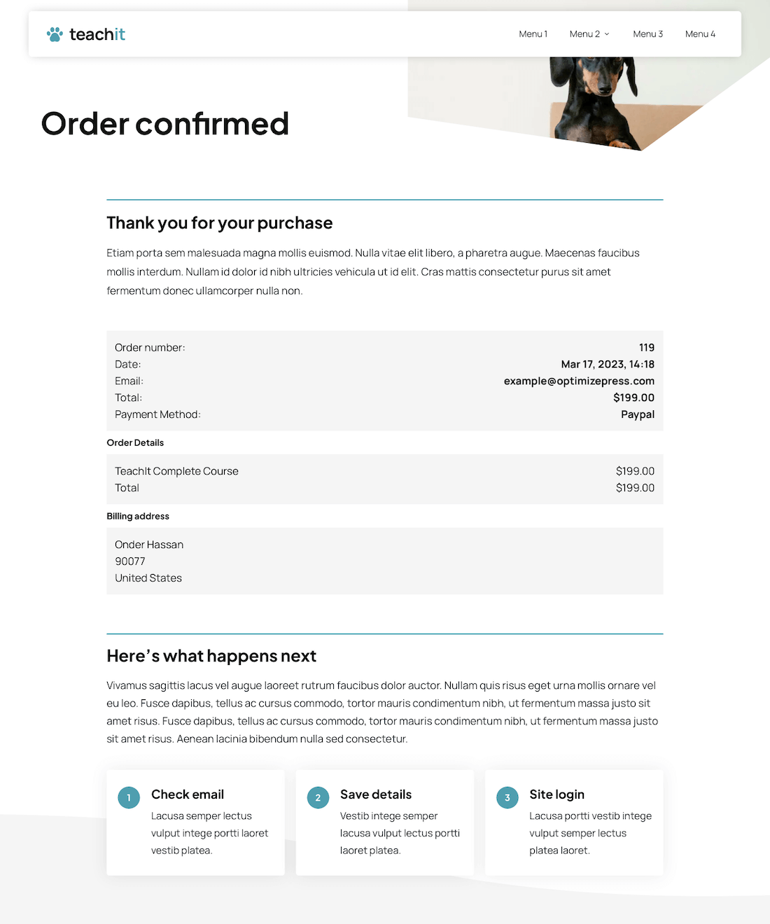 Online Teacher Website Order Confirmation Page