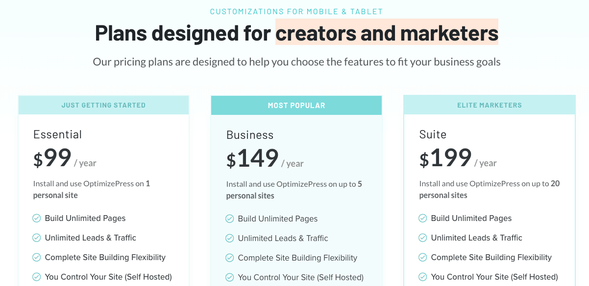 Our own pricing table with highlighted package.