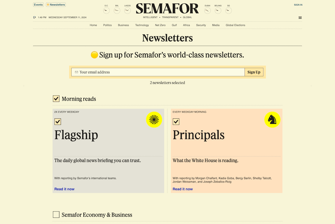 Semafor - Newsletter landing page example