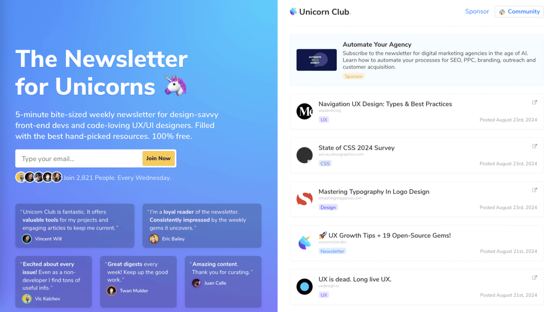 Unicorn - Newsletter landing page