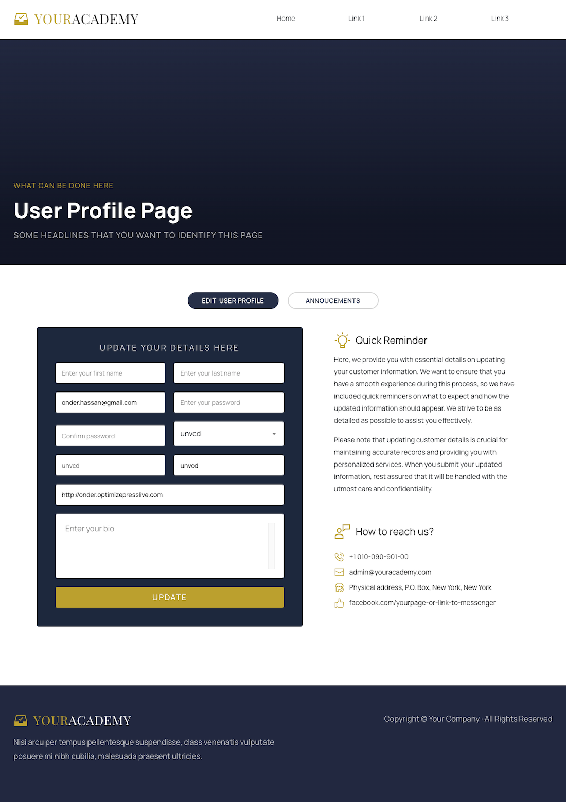 Your Academy User Profile Page